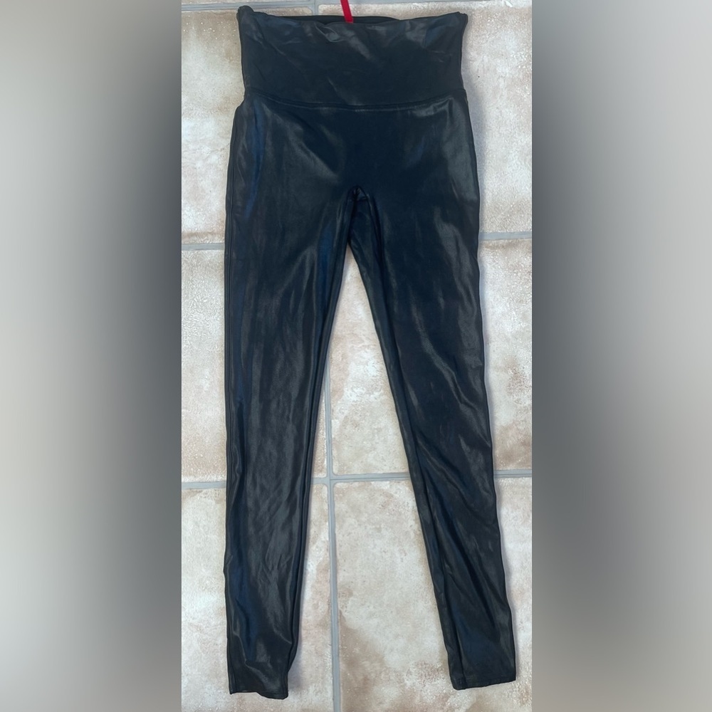 SPANX black faux leather high waisted classic leggings, cozy lined interior; M